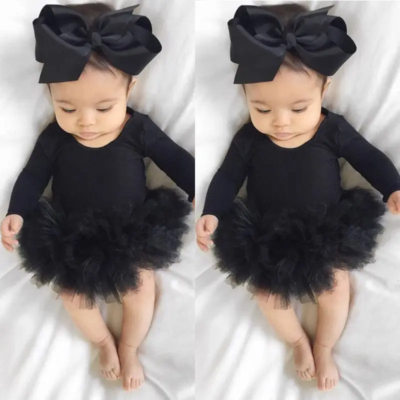 Cute Newborn Baby Girl Long Sleeve Tutu Romper Jumpsuit Bodysuit Dress Headband Outfits