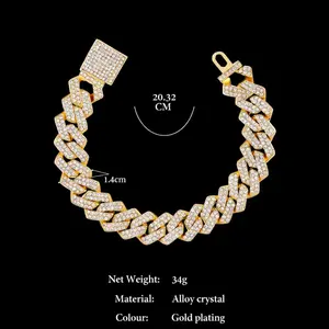 Iced Prong Link Cuban Chain Bracelet Full Rhinestones Chunky Miami Cuban Bracelet Punk Hip Hop Jewelry Gift Men Women Streetwear Party Bling Luxury