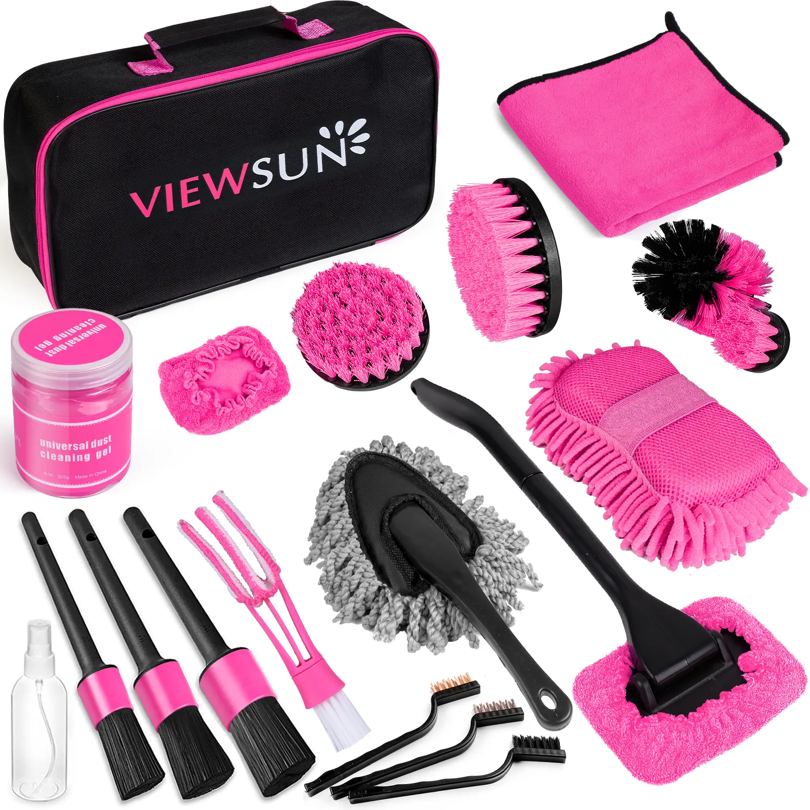 【summerfinds】Viewsun 20PCS Car Cleaning Kit, Pink Car Interior Detailing Kit with Drill Brush Set, Windshield Cleaning Tool, Detailing Brushes, Wire Brushes, Cleaning Gel, Complete Car Cleaning Supplies for Women，Summervibes