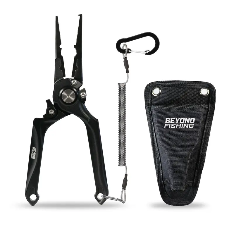 Beyond Fishing Pro Series 8-in Aluminum Alloy Ergonomic Multi-Function Fishing Pliers, 5-in-1 Jaws, Tungsten Carbide Easy-to-Cut Toughest Lines, Split Shot Crimp, Tight Ring Open, Saltwater-Resistant Teflon Coating, Durable Hard Sheath-Lanyard