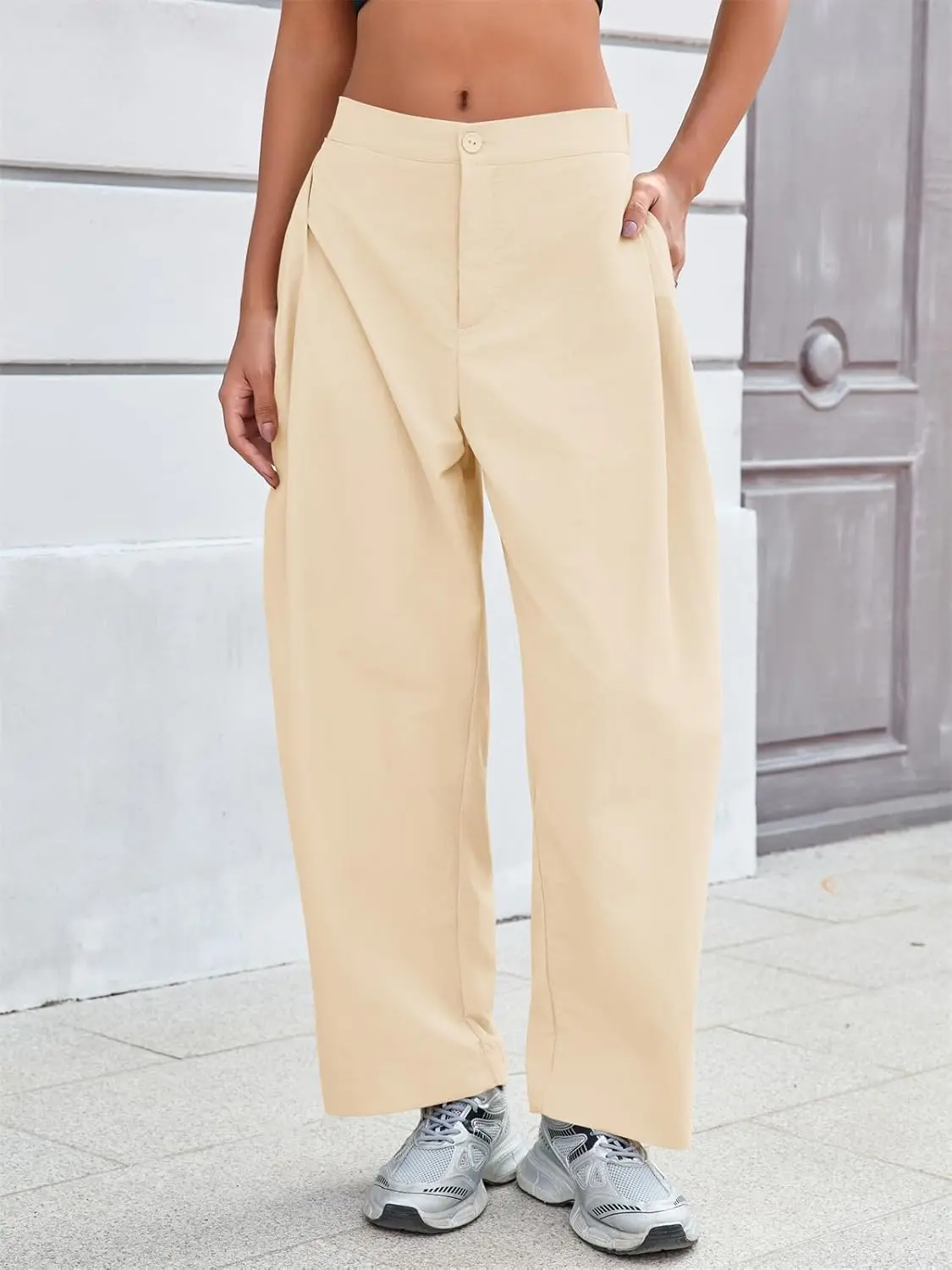 Fisoew Women's Baggy Barrel Pants, Casual Loose Fit Horseshoe Trousers with Side Pleats and Pockets, Women's Clothing, Clothes, Bottom, Bottoms, Basic, Women's Clothes