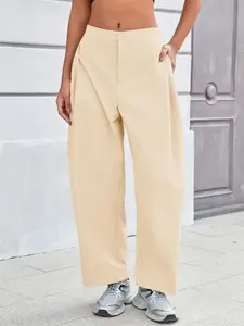 Fisoew Barrel Sweatpants Women Casual Wide Leg Baggy Pants Side Pleated Horseshoe Style Trousers with Pockets Clothes Bottom