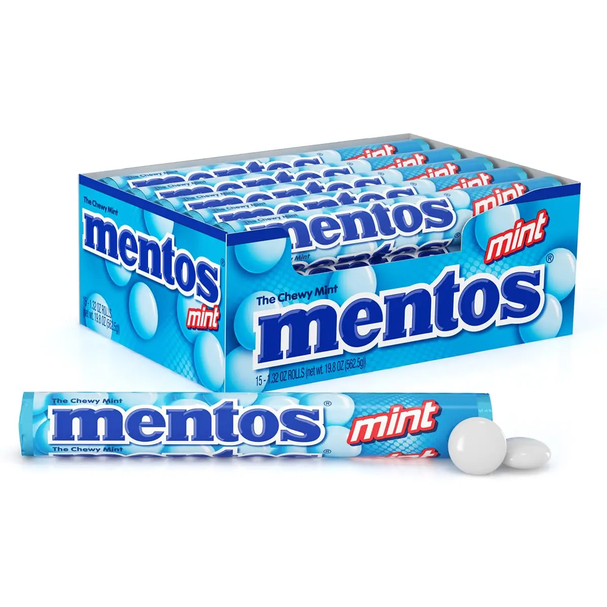 Mentos Chewy Mint Snack Candy Roll - Chewable Round Sweets, 14 Pieces Per Roll, 15-Count Party Pack for All Ages