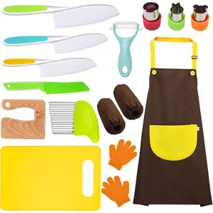 14 Pieces Toddler Kids Knife Set Includes Wooden Safe Kid Knife Plastic Toddler Knife Cutting Board Apron Y Peeler Crinkle Cutter Kitchen Sleeves Covers Gloves Sandwich Cutter