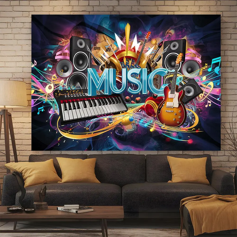 1PC 2D Flat Polyester Wall Tapestry - Festive Music Theme Backdrop with Guitar, Keyboard, Music Note Accents, Party-Ready Birthday Decor for Living Room, Bedroom