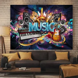 1PC,2D Flat Backdrop Music - themed Decorative Backdrop, Festival Party Atmosphere Decoration Tapestry, with Guitar, Keyboard, Music Note Elements, Art Decor Cloth for Living Room, Bedroom, Studi
