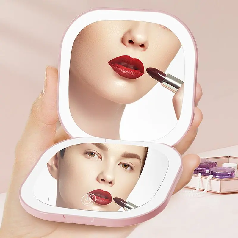 Portable Foldable Makeup Mirror, 1 Count Glam Travel Makeup Mirror with LED Light, Compact Mirror for Women, Pocket Size Makeup Tools, Travel Hand Mirror