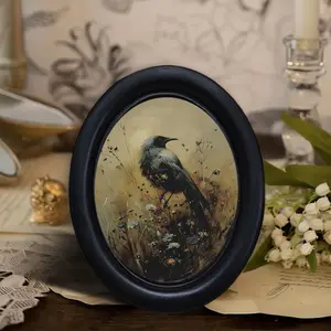 Vintage Oil Painting Raven Wildflower Oval Frame Decorative Wall Art, High-End Aesthetic Home Decoration, Nature Lover Gift
