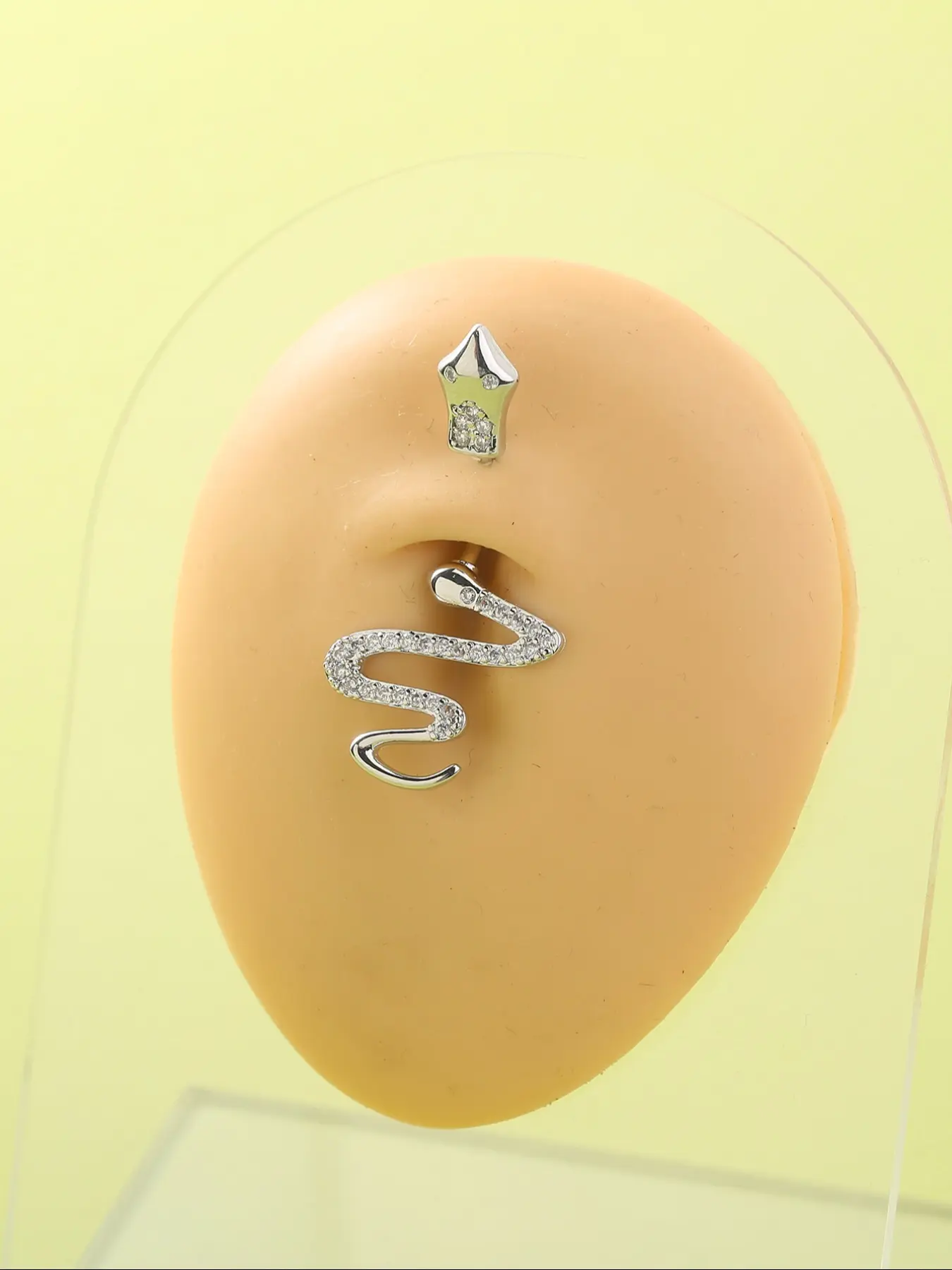 Silver Color Snake Medusa Belly Button Ring, Minimalist Design with Micro Pave Diamonds, Women's Body Jewelry Accessory