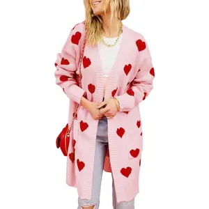Women Valentines Cardigan Sweater Love Heart Open Front Long Cardigan Oversized Chunky Knit Sweaters