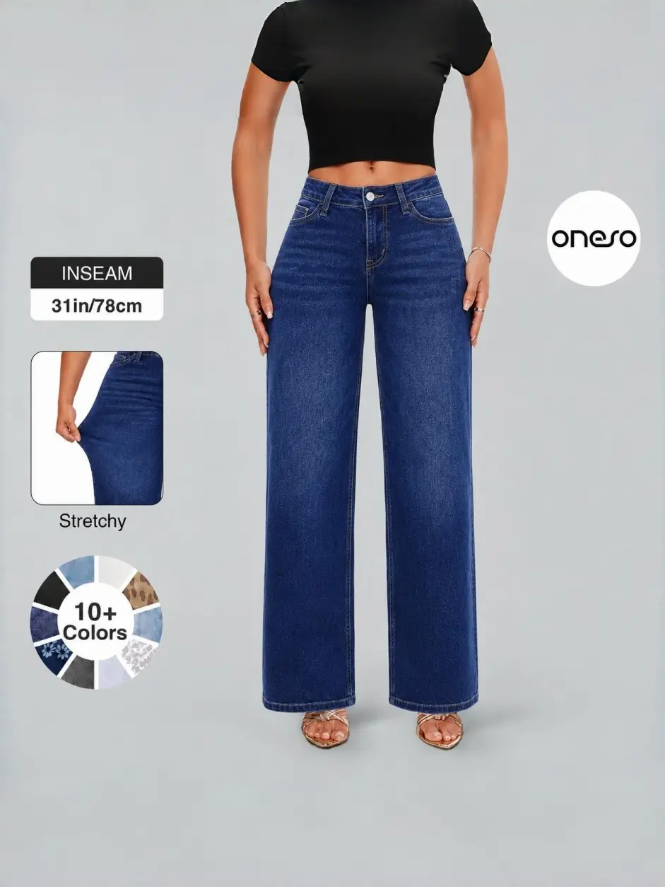 ONESO Women's Minimalist Mid-Rise Stretchy Wide Leg BBL Jeans with Pockets - Stretchy Women's Bottom Pants for Casual Everyday Streetwear, Jeans For Women Denim Trousers Dark Wash Distressed