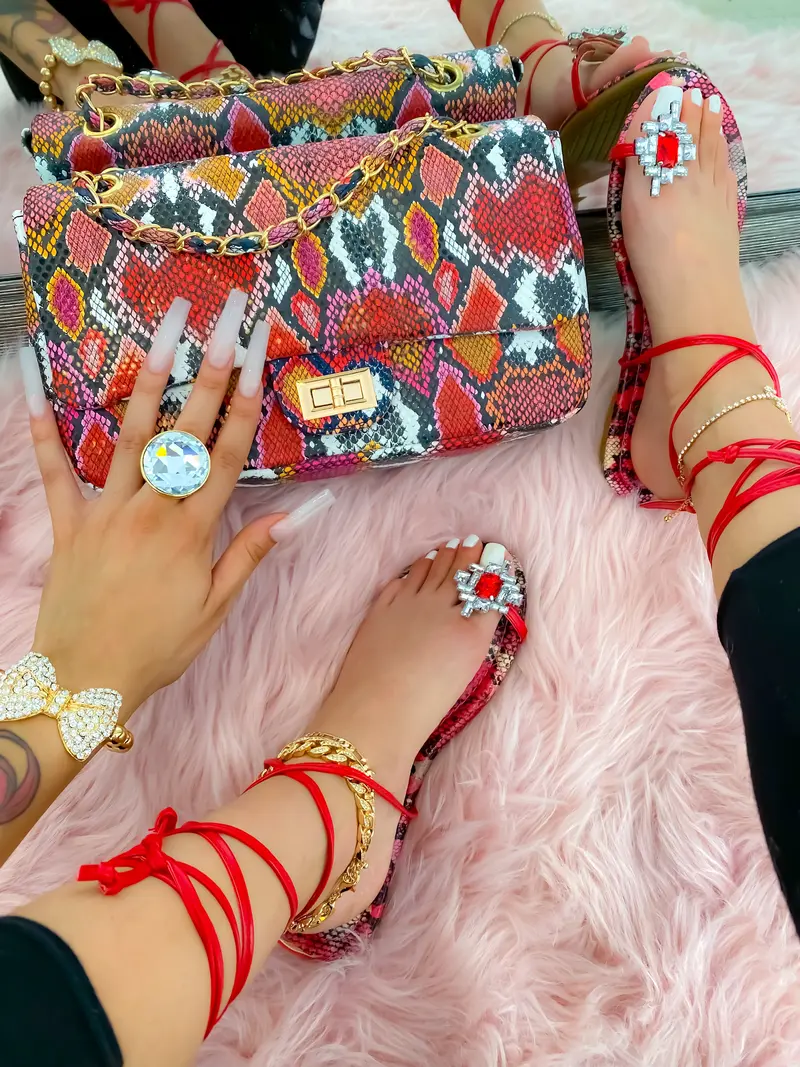 Lucynda Handbag Red - Elegant Design with Colorful Patterns and Gold Accents