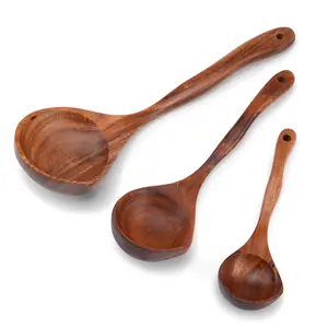 Wooden Ladle Spoon Set, 3 Size Teak Large Soup Ladel Wood Spoons for Cooking Serving Spoon Ladles Wooden Cooking Spoon Long Handle Mixing Spoon Ladle