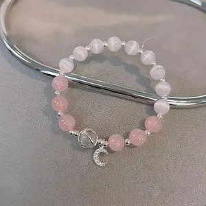 Women's Elegant Natural Rose Quartz Cat's Eye Stone Beads Bracelet - Fashion Costume Jewelry Bangle
