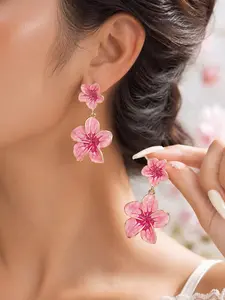1 Pair Pink Enamel Plumeria Dangle Earrings for Women, Gold Tone Floral Drops