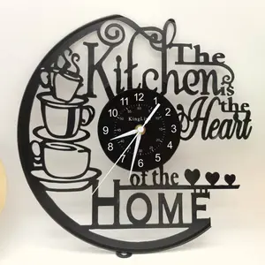 12 inch Kitchen Themed Vinyl Record Clock, Wall Clock, Kitchen Home Themed Clock, Coffee Cup Decoration, Office Living Room Coffee Shop Decoration, Suitable for Female Wives, Black, Gift!