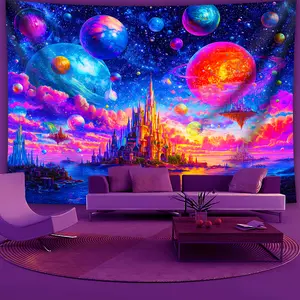 1pc extra-large UV-reactive tapestry. Space castle design glows in neon pink/purple/blue under blacklight. Wrinkle-resistant polyester, indoor use. Perfect for bedrooms, parties, or themed decorations. Ideal gift.