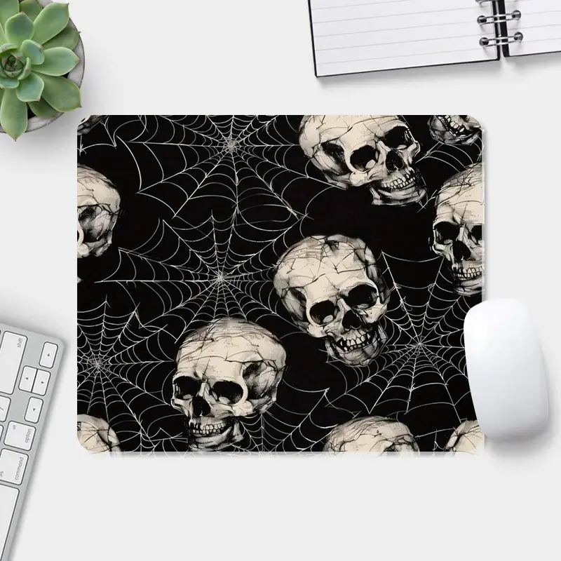 Gothic Skull Spider Web Mouse Pad Halloween Horror Design Desk Pad 9x8 Inch Computer Desk Mat with Non-Slip Rubber Base and Durable Stitched Edge for Horror Lovers Gift