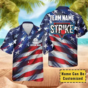Personalized Bowling US Flag Hawaiian Shirt, Custom Name Button Down Shirt, Matching Bowling Team Shirt, Bowling Lover Gift, Bowler Shirts