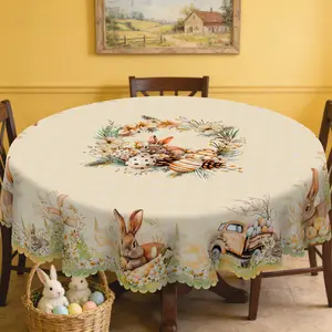 PLUMLIK Easter home decor Tablecloth, Round / Rectangle Table Cover With Bunny and Floral Wreath , Polyester Waterproof Table Decor, Easter Decoration For Egg Hunt Parties, Farmhouse Brunch, Gift For Easter, Housewarming, Durable And Washable