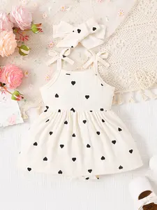 Baby girl's summer sweet style heart-shaped patterned camisole dress with shoulder strap bow design, paired with the same element headband, suitable for baby clothes such as birthday parties and other holiday occasions