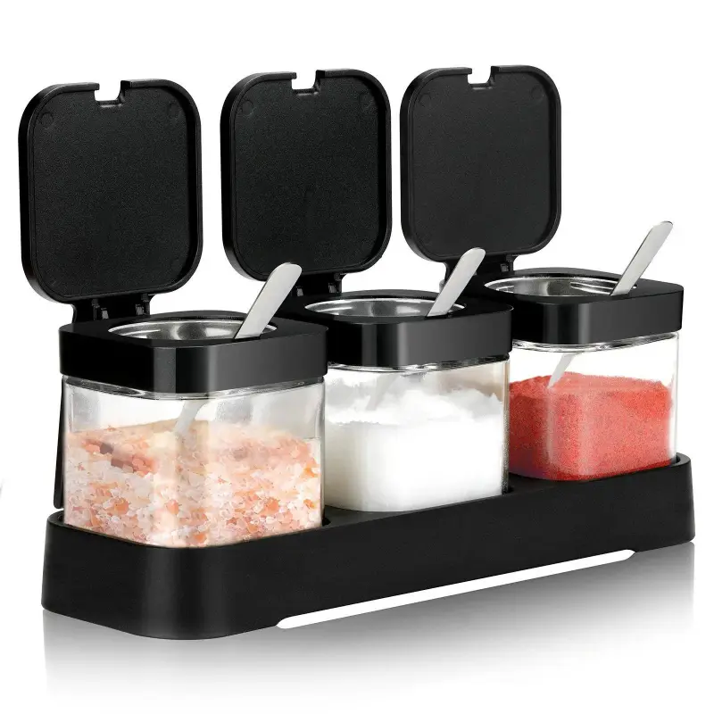 Clear Glass Condiment Canisters Pots, 1 Set Including 3 Counts Condiment Jar Spice Container with Lid & 3 Counts Spoon, Seasoning Box Set for Kitchen Utensils-L