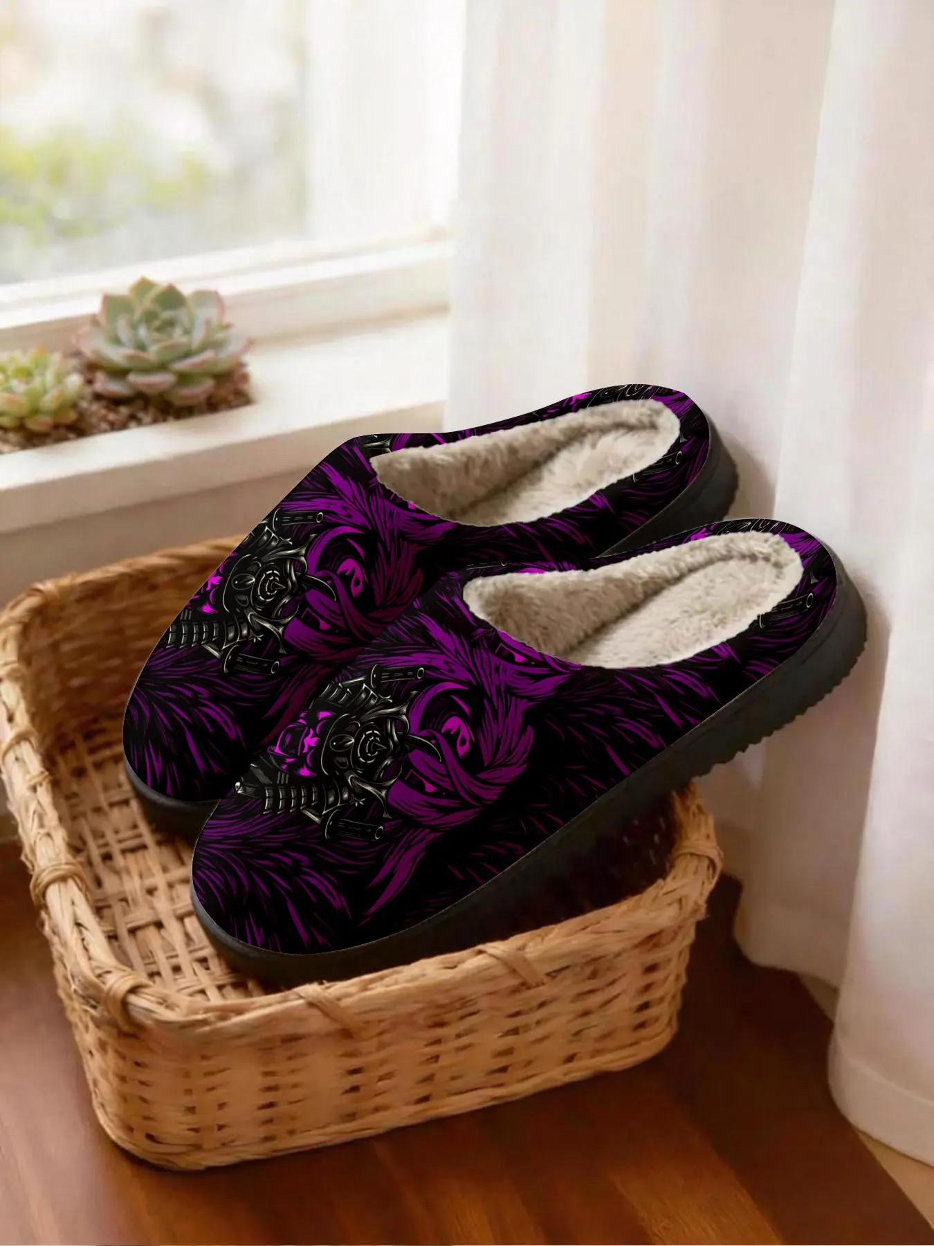 Purple Cyber Wolf Graphic × Dark Cool Style 1 Pair Plush Lined Anti-Slip Thick Sole House Slippers, Unisex for Men & Women, Couples Wear, Perfect for Winter Home, Bedroom, Living Room & Gifts