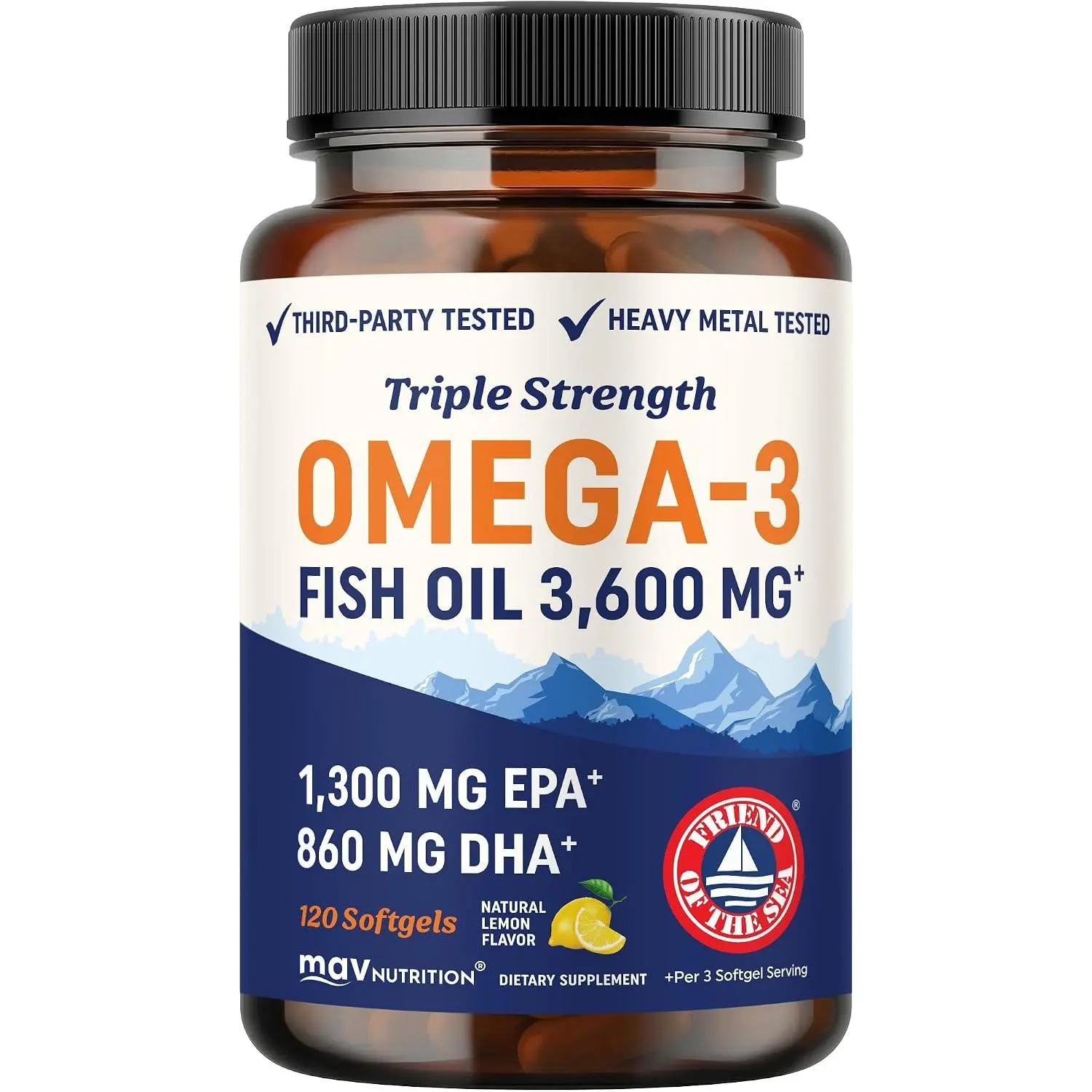 Triple Strength Omega 3 Fish Oil 3600 mg Softgels Over 2100 mg Omega-3s with 1300 mg EPA and 860 mg DHA Doctor Formulated Burpless Wild Caught Fish Oil Essential Fatty Acids Supplement 120 Count Softgels