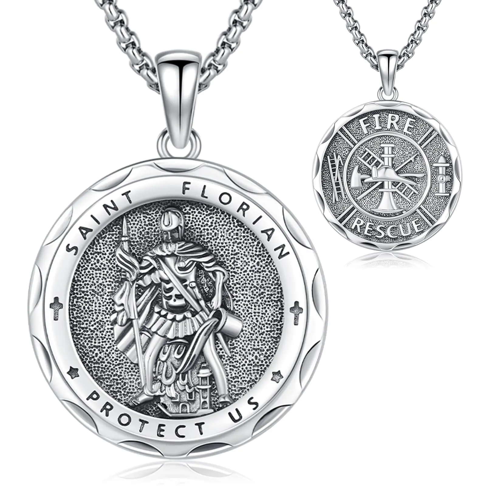 DRINSPER S925 St Florian Safety Necklace - Fire Rescue Protector Necklace, Firefighter Jewelry Protection Amulet for Firefighters