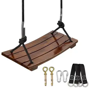 Solid Wood Swing One Seat Simple Swing Maximum Load 440Lbs Wooden Swing Seat Adjustable Rope Length Outdoor Rope Swing for Garden Patio Yard