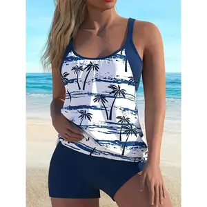 New European and American style hollow-out tropical coconut tree print women's tankini two-piece swimsuit size plus Flowy Cross with Tummy outdoorfun sexy bathing suit