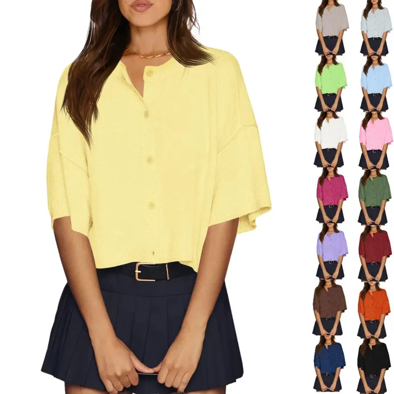 FMEYOA Womens Half Sleeve Cardigan Sweaters Cropped Button Down Tops Oversized Lightweight Ribbed Knit Summer Outfits