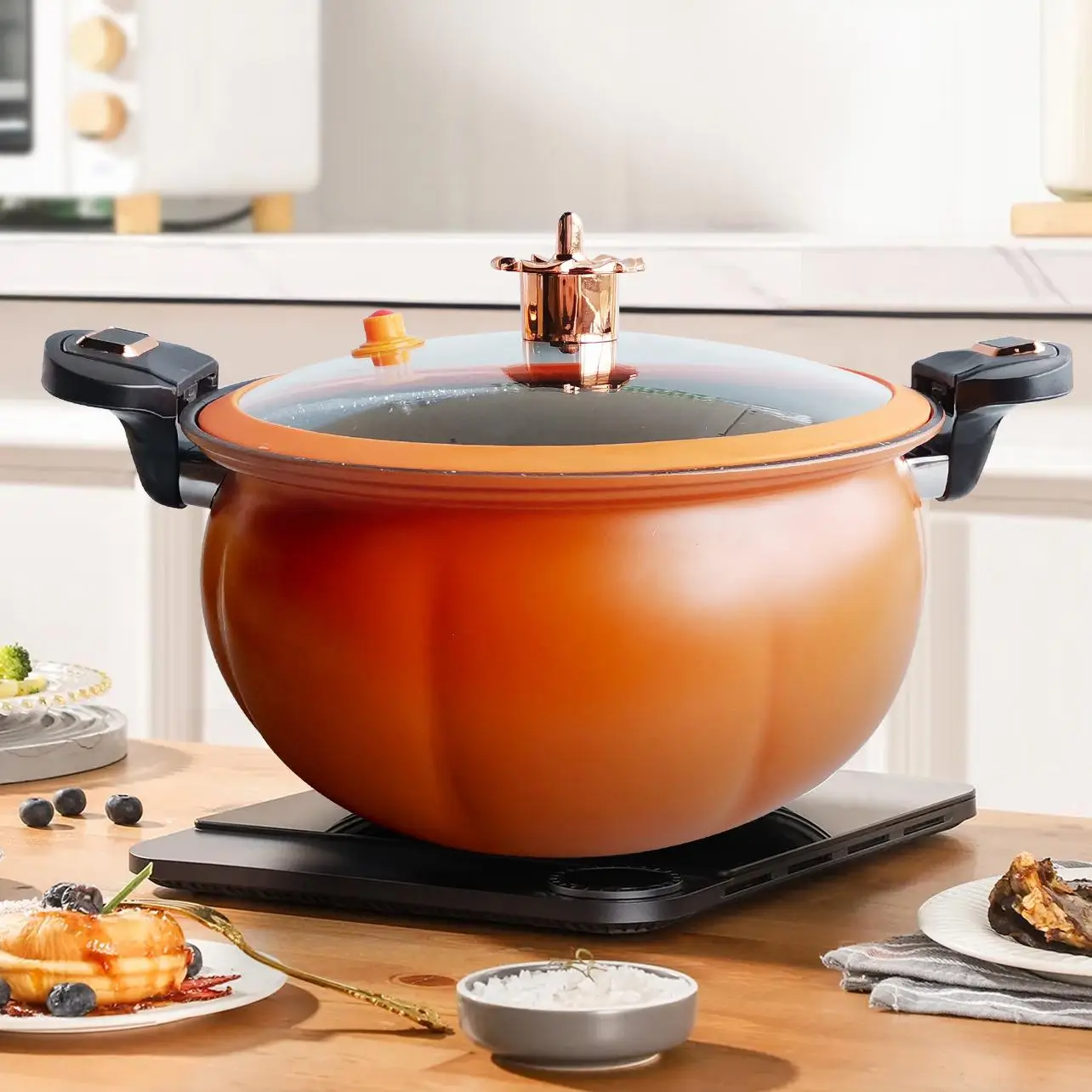 Pumpkin Shaped Cocking Pot As Valentine's Day Gifts, Non-stick Micro Pressure Cooker, Large Capacity Cooking Soup Pot with Handle & Lid for Home Kitch