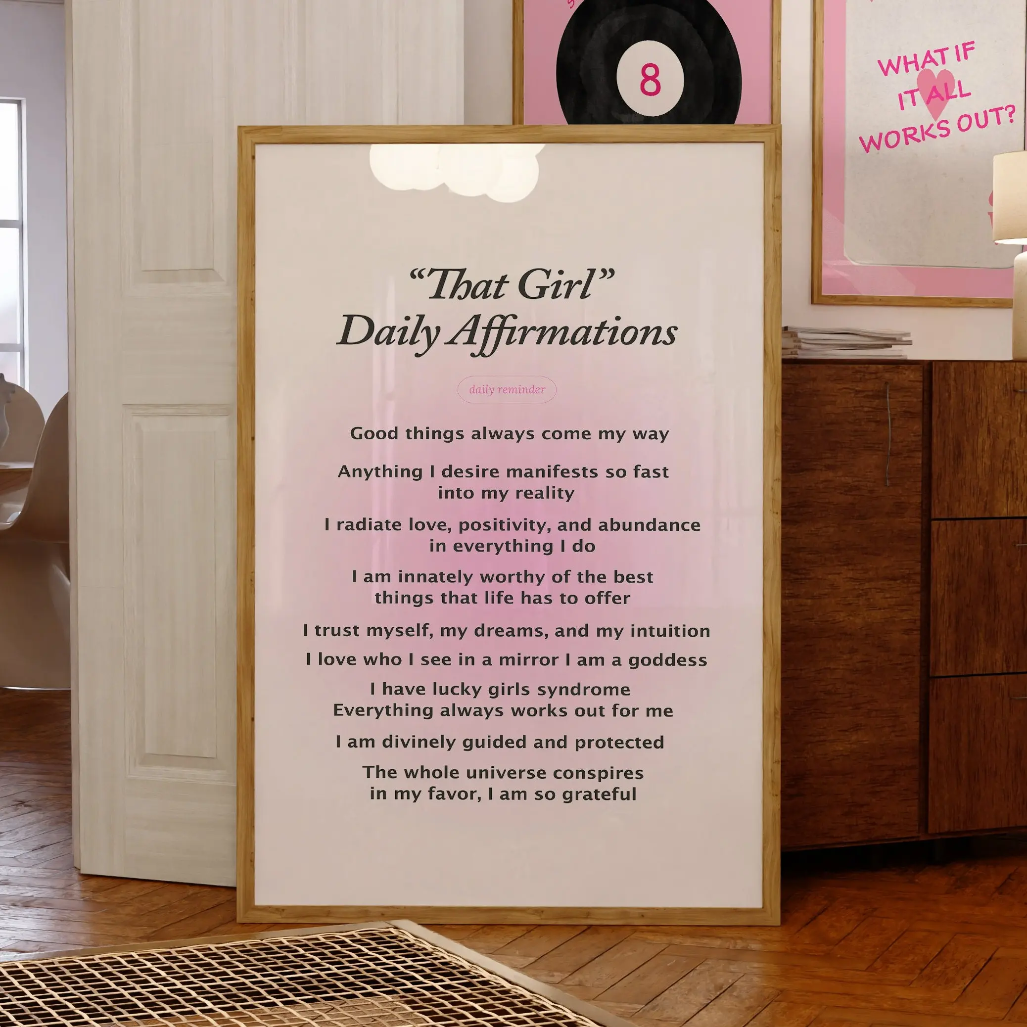 Pink Daily Affirmations Wall Art, Trendy Poster No Frame, Girly Aesthetic Bedroom Wall Decor, Cute Aura That Girl Manifestation Poster, Gratitude Print