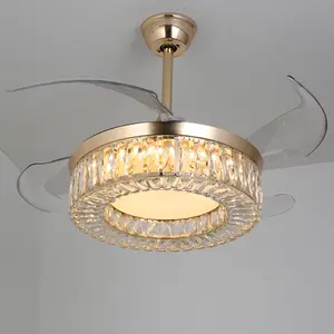 CNCEST Smart Ceiling Fan Light Retractable Blade Ceiling Fan with Light Remote Control 6 Speeds Timer 42 Inch Gold Modern LED Fandelier for Living Room Bedroom