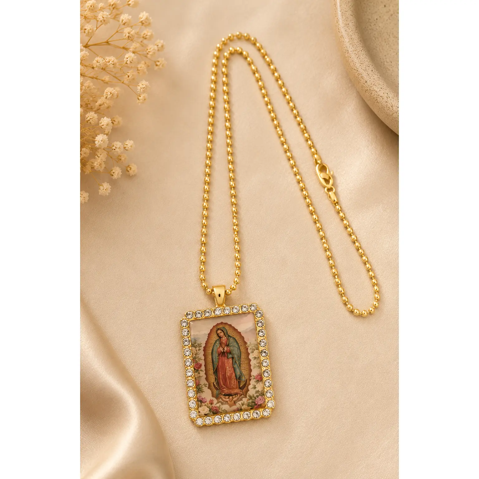 Ball Chain Necklace with Virgin of Guadalupe Medal