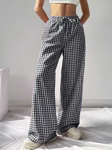 Women's Plaid Print Tie Front Wide Leg Pants, Casual Comfy High Waist Elastic Waist Pocket Trousers for Daily Wear, Ladies Bottoms for All Seasons, Casual High Waisted