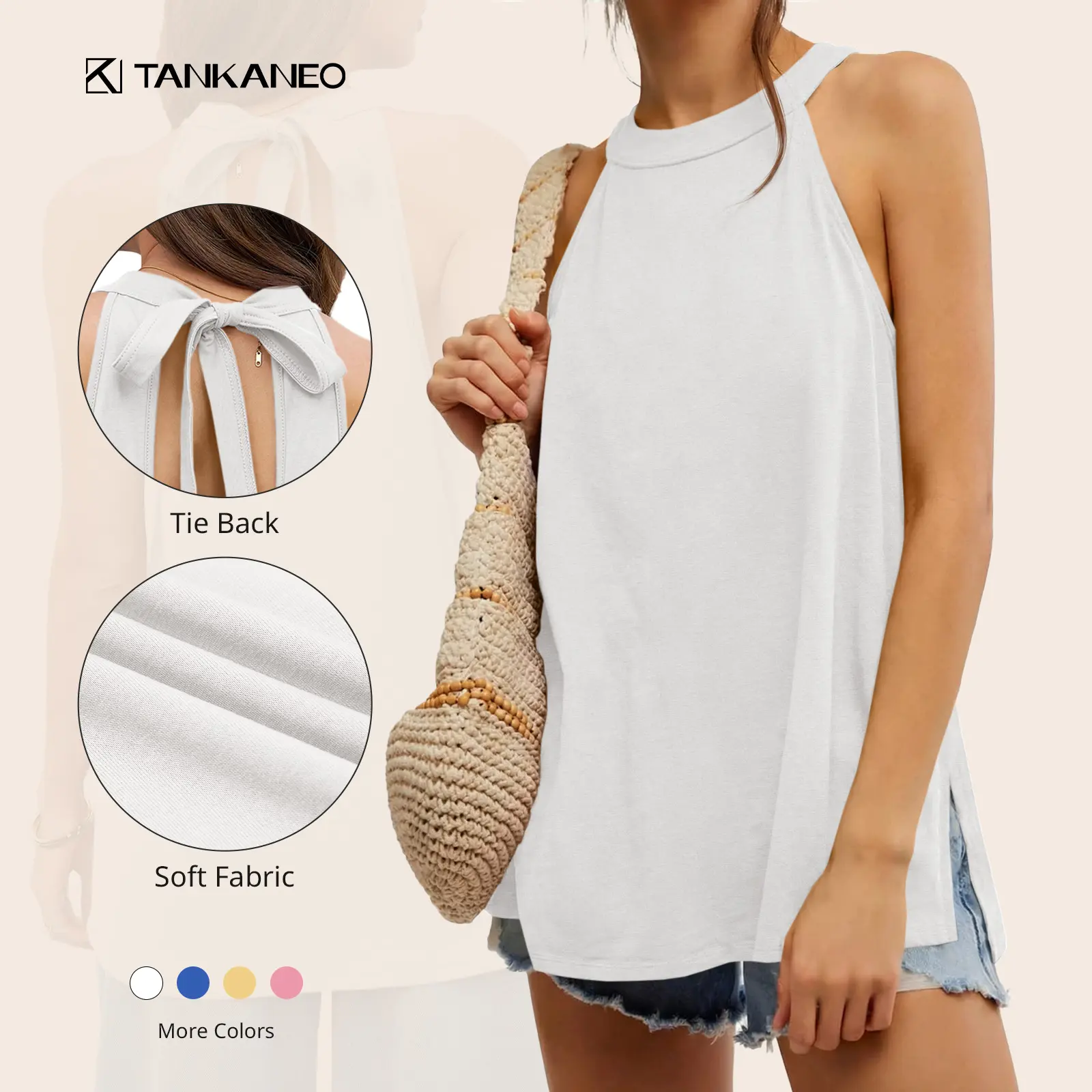 Tankaneo Womens Oversized Tank Tops Summer Casual Tie Back High Neck Sleeveless Shirts Backless Side Split Workout Tunic Tops