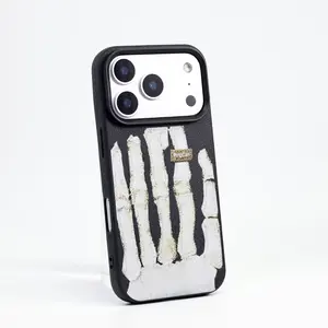 Skeleton Hand rocking leather phone case is suitable for iPhone 17 16 15 14 13 Pro Max Plus , with a comfortable leather feel and suitable for autumn and winter anti fall, shockproof and anti slip protective cover