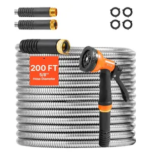 fathersdaygift VEVOR Metal Garden Hose 200 ft, Rust Proof Stainless Steel Water Hose, Heavy Duty Backyard Hose with 10 Function Nozzle, No-Kink Flexible Water Pipe, Lightweight Metal Hose for Yard, Outdoor