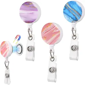 BY-305 3 Pack Magnetic Badge Reel Retractable Badge Holder 1.26" Plastic Marble Name Badge Holder Id Badge Clip Retractable Nurse Badge Reel Cute with 24 Inch Pull Cord for Shirt Teacher Doctor Office