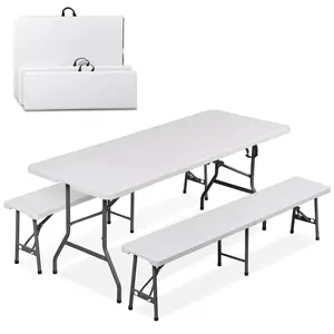Segawe 3Pcs Outdoor Folding Table Set with 2 Benches, 6ft HDPE&Steel Fully Assembled Patio Furniture W/Handles for Indoor Outdoor Use, White, summerwins