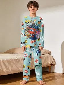 2-piece Boys' Long-Sleeve and Long-Pajama Set from Super Wings Park, featuring digital printing and flame-retardant fabric. This soft, skin-friendly casual loungewear ensures comfortable sleep for kids and is an ideal gift choice for boys.