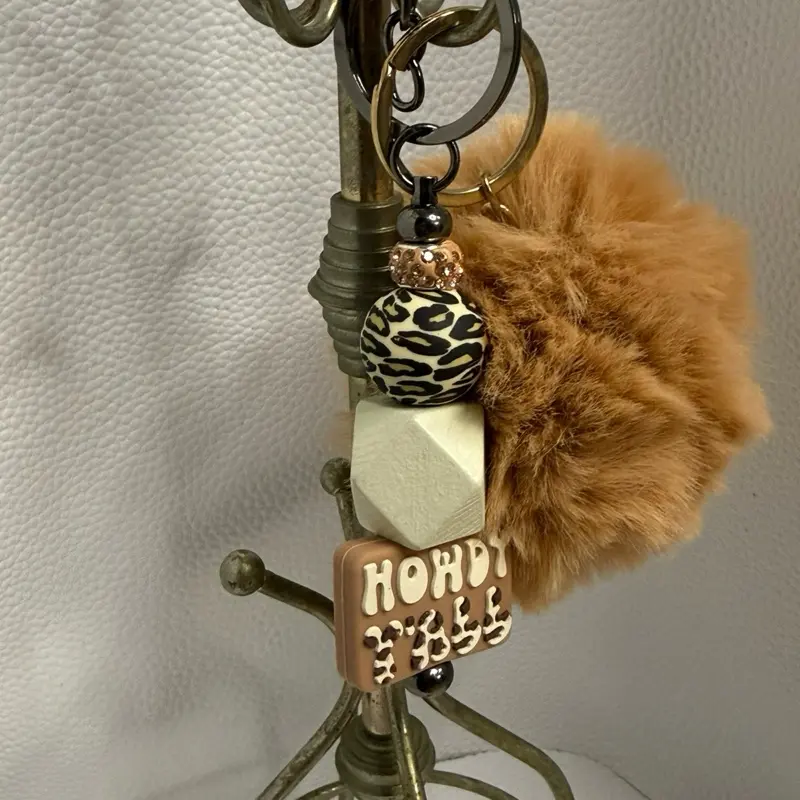 Howdy Y'all Country Theme Keychain with Pom - Leopard Print & Faux Fur Design - Perfect for Keychains & Accessories