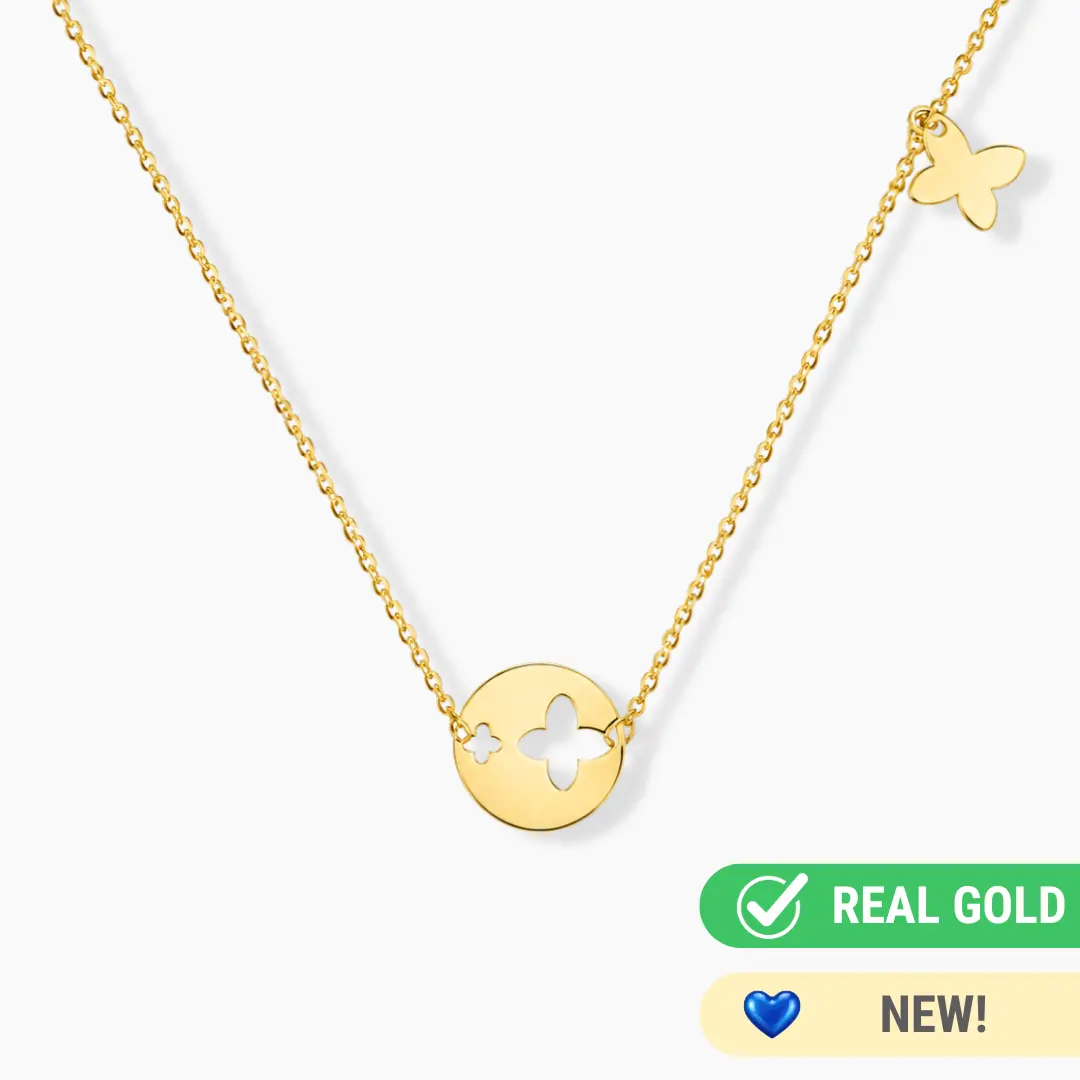 14K YELLOW GOLD DAYDREAMER BUTTERFLY CHARMED DISC NECKLACE