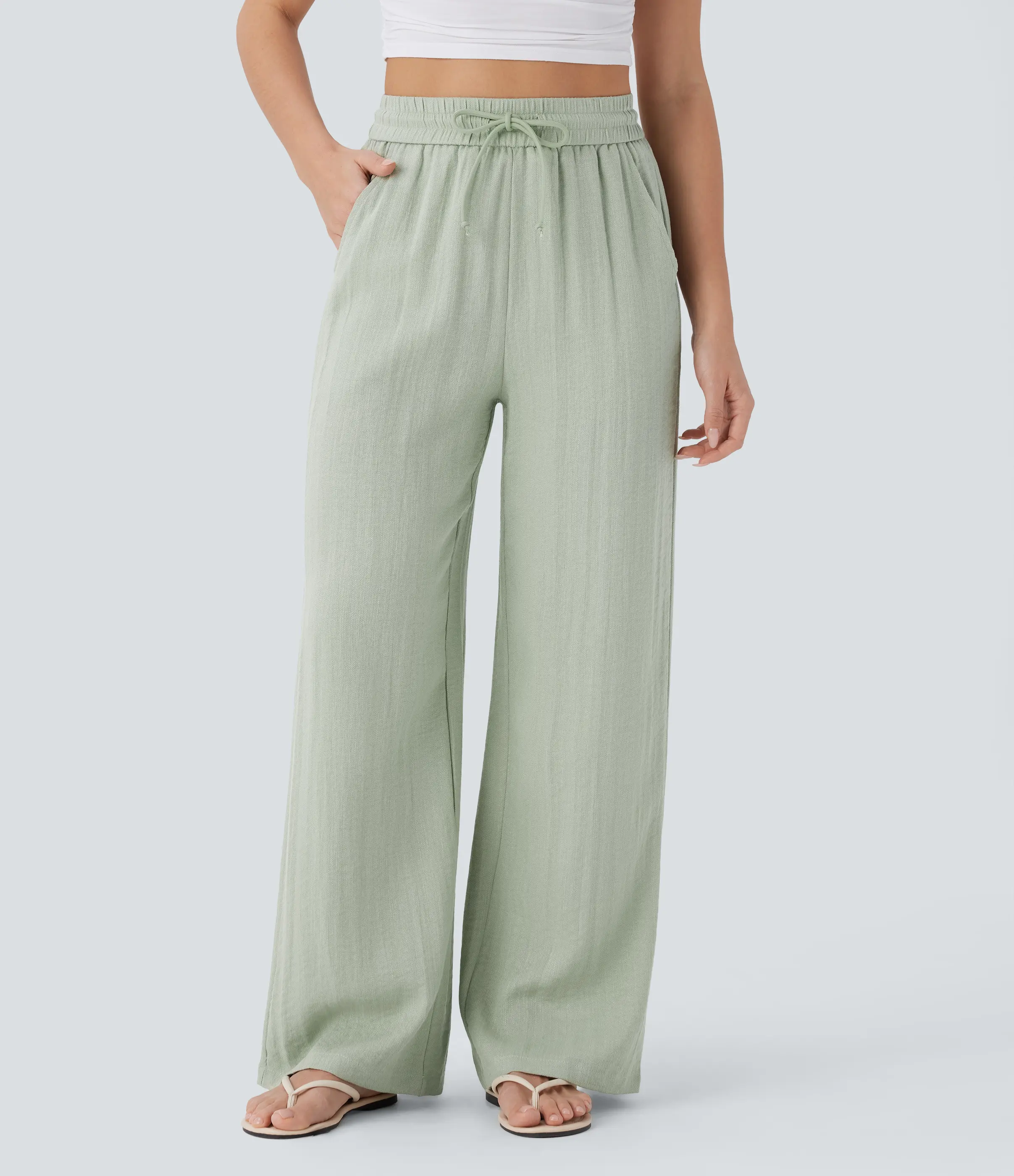Halara High Waisted Drawstring Pocket Wide Leg Baggy Casual Linen-Feel Pants Halara High Waisted Drawstring Pocket Wide Leg Baggy Casual Linen-Feel Pants