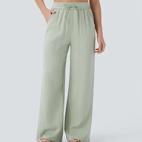 Halara High Waisted Drawstring Pocket Wide Leg Baggy Casual Linen-Feel Pants