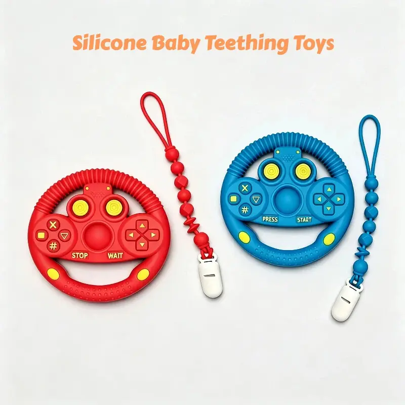 Toodlumoo 2 Pack Silicone Baby Teething Toys | Smiley Button Teething Ring + Silicone Clip | BPA-Free Teether