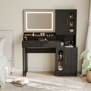 Sleek Black Wooden Fluted Vanity Desk with 3-Color LED Lighted Mirror, Built-in Charging Station, Drawers and Storage Cabinets, Modern Makeup Dressing Table for Bedroom