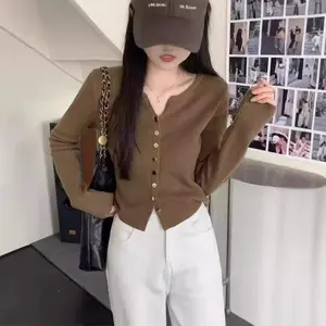 Korean Style Fresh Round Neck Single-Breasted Scissor Collar Petite Knitted Cardigan Women's Simple Top